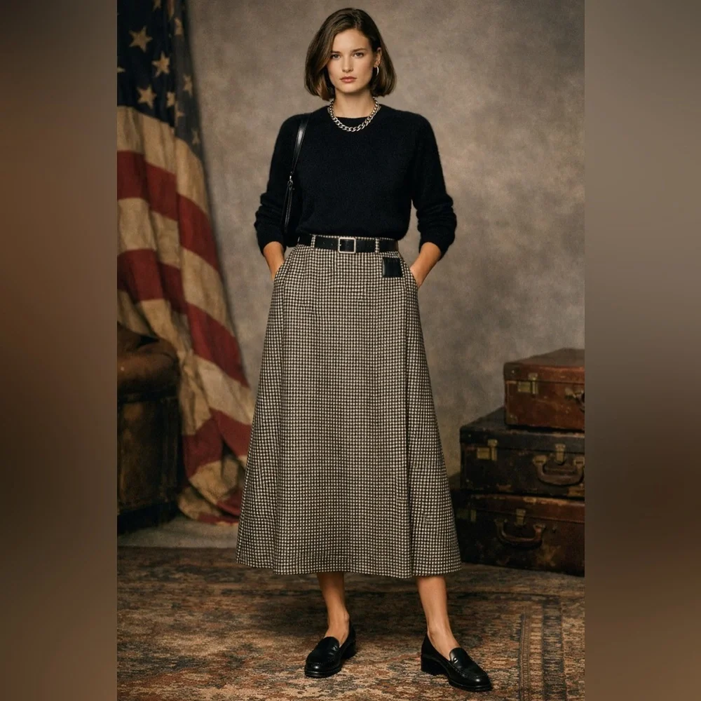 Ralph Lauren Wool Midi Maxi Skirt 12 Houndstooth A-Line Equestrian Wrap Vintage - Picture 1 of 11